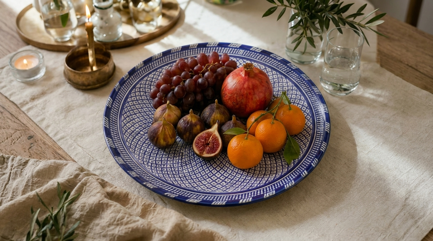 Large Moroccan Ceramic Plate / Serving Platter – Fes Blue and White – 35 cm