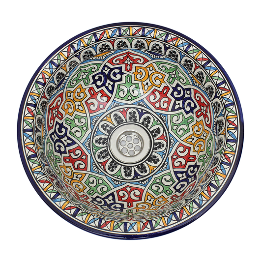 Moroccan Sink Washbasin Wash Basin Ceramic 35 cm 13.8 inches in Diameter Handmade Multicolour Free Waste SW140