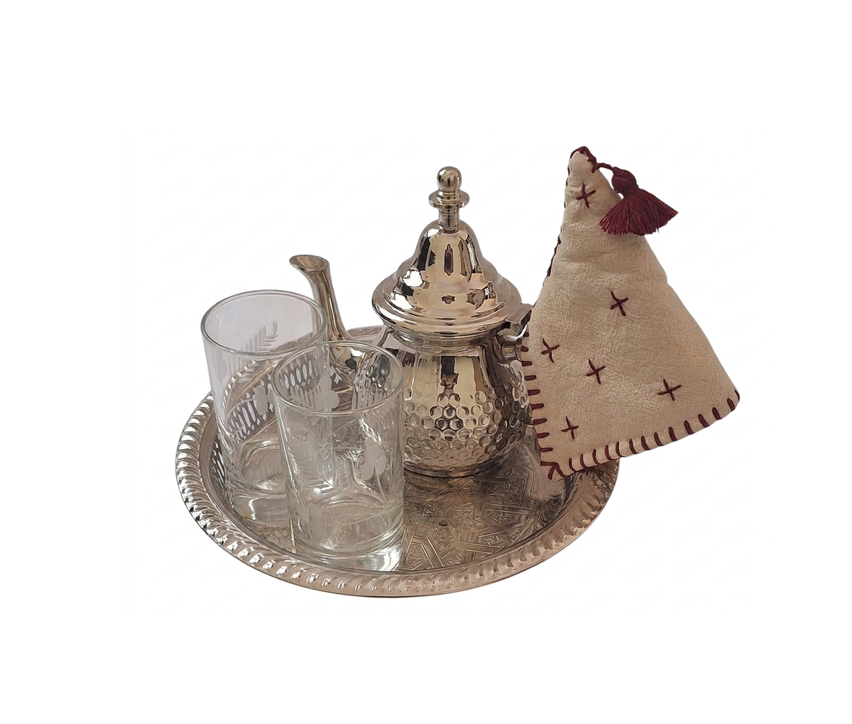 Small Moroccan Hammered Tea Set – Maillechort Teapot, 2 Glasses, Tray & Free Handle Cover