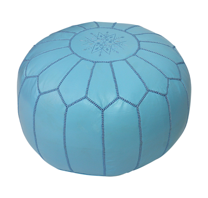 Moroccan Pouffe Pouf Ottoman Footstool Real Light Baby Blue Leather