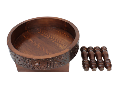 Moroccan Berber Round Table – Hand-Carved Cedar Wood, Removable Legs, 50cm / 20 in