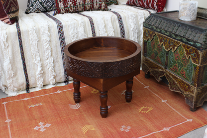 Moroccan Berber Round Table – Hand-Carved Cedar Wood, Removable Legs, 50cm / 20 in