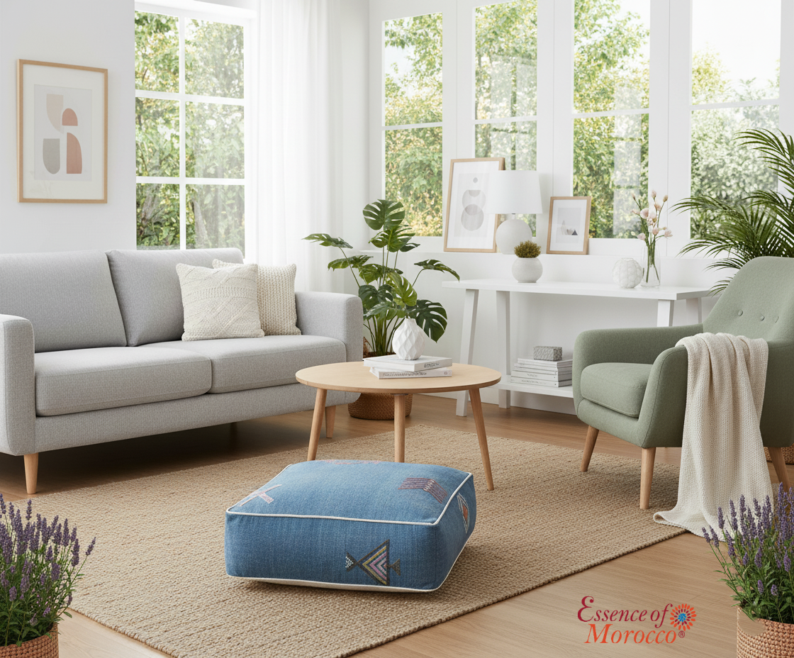 Moroccan Sabra Silk Pouf Pouffe Floor Cushion Pillow Cover Blue Handmade (SP8)