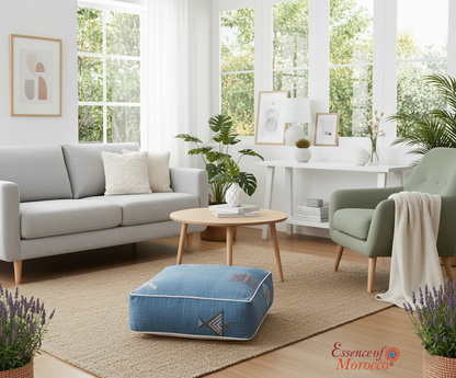 Moroccan Sabra Silk Pouf Pouffe Floor Cushion Pillow Cover Blue Handmade (SP8)