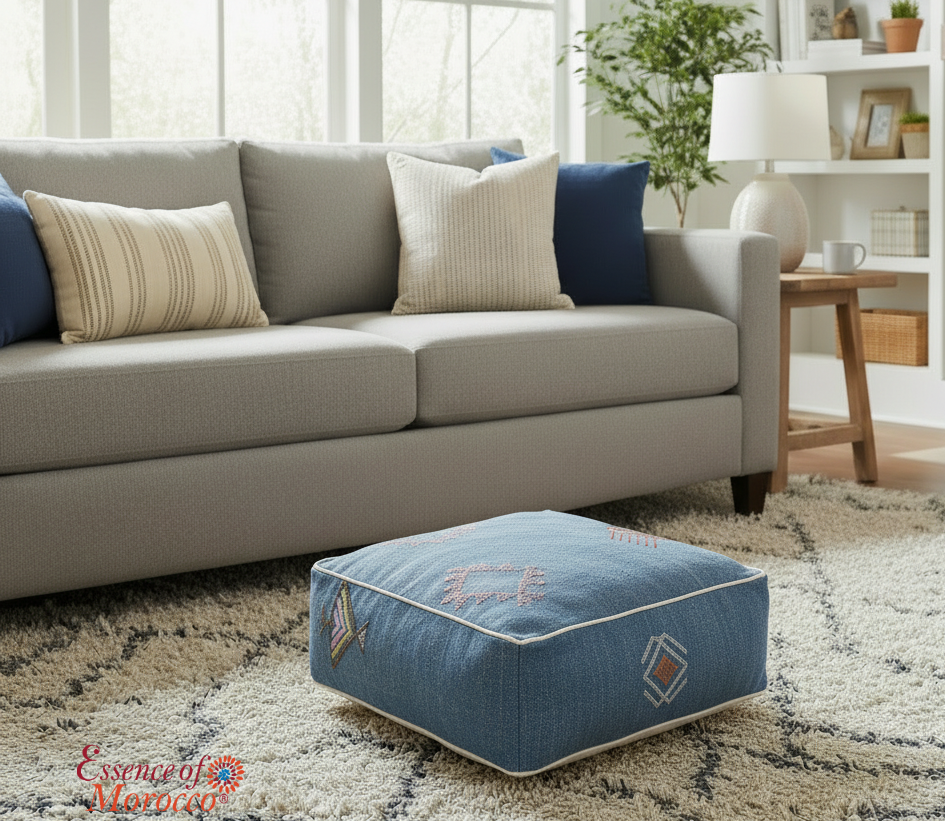 Moroccan Sabra Silk Pouf Pouffe Floor Cushion Pillow Cover Blue Handmade (SP8)