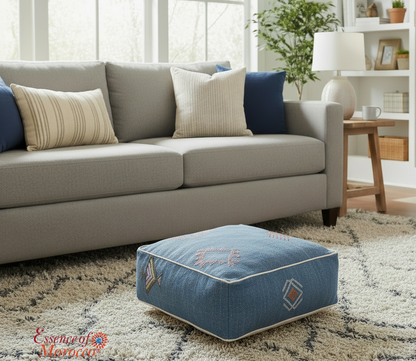 Moroccan Sabra Silk Pouf Pouffe Floor Cushion Pillow Cover Blue Handmade (SP8)