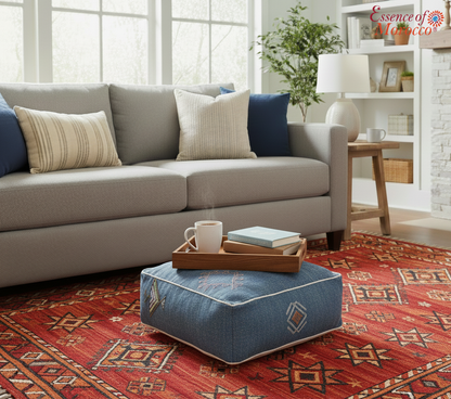 Moroccan Sabra Silk Pouf Pouffe Floor Cushion Pillow Cover Blue Handmade (SP8)