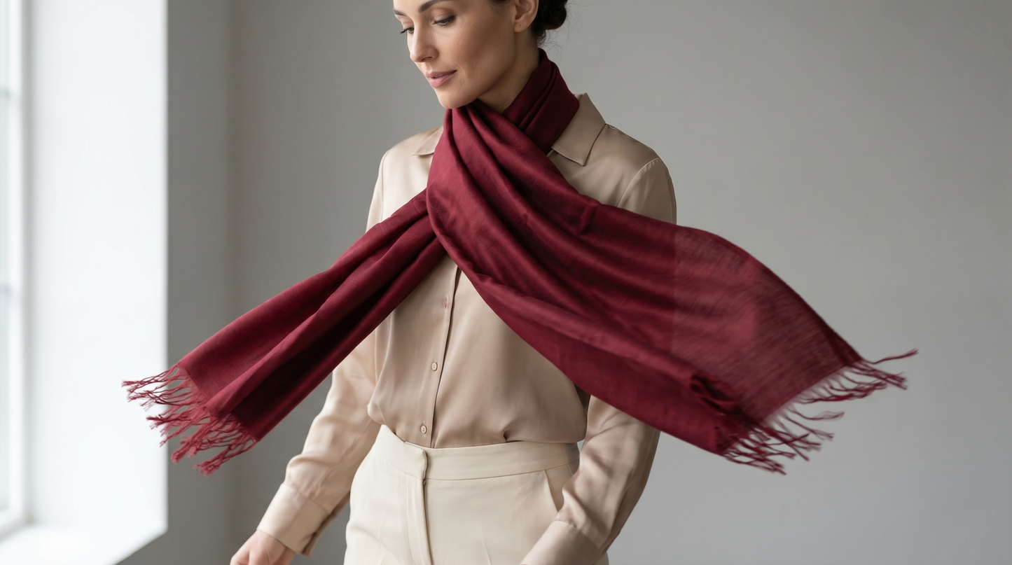 Sabra Silk Scarf – Handwoven Moroccan Shawl with Fringe – Lightweight Luxury Wrap – Burgundy Red – 180x60 cm