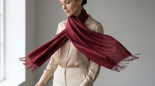 Sabra Silk Scarf – Handwoven Moroccan Shawl with Fringe – Lightweight Luxury Wrap – Burgundy Red – 180x60 cm