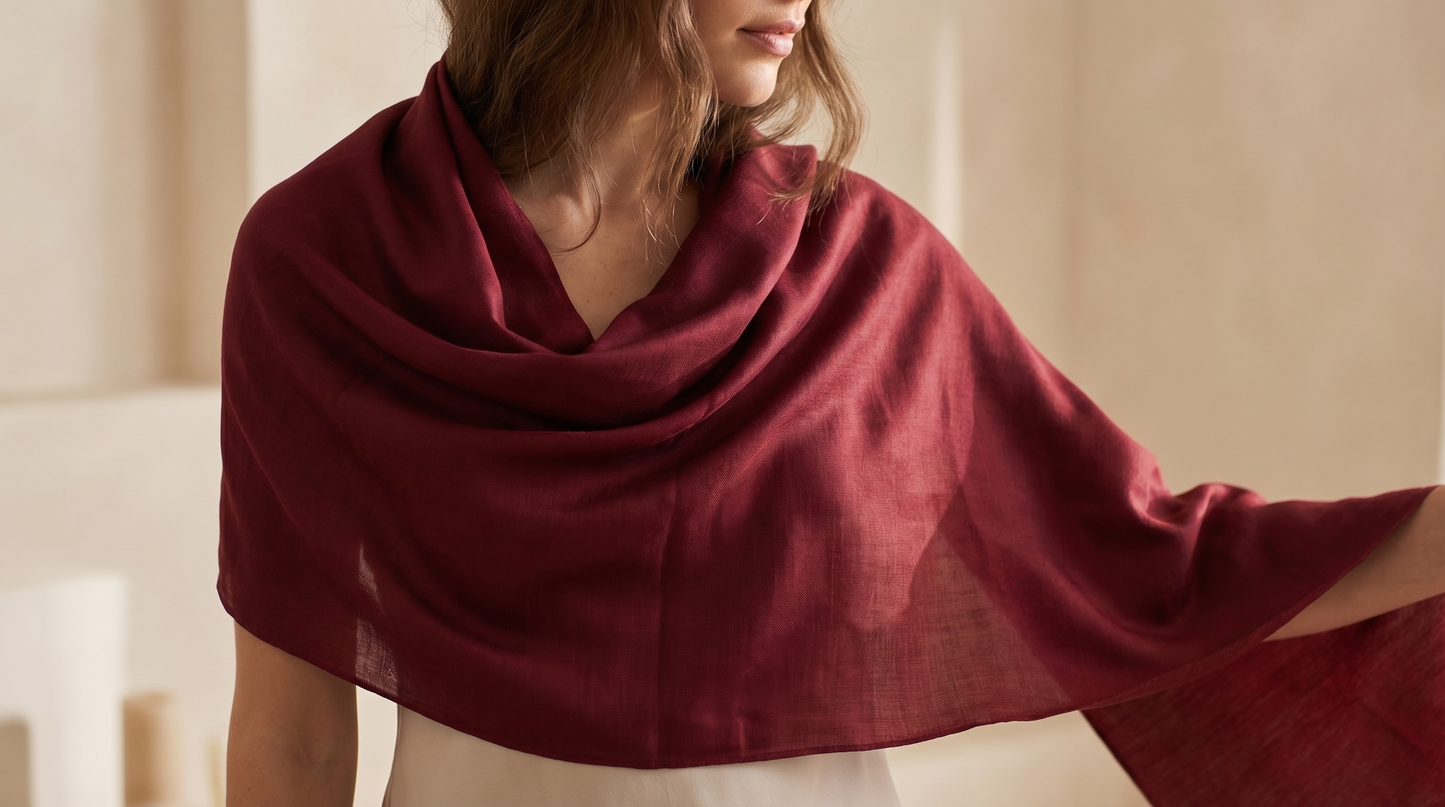 Sabra Silk Scarf – Handwoven Moroccan Shawl with Fringe – Lightweight Luxury Wrap – Burgundy Red – 180x60 cm