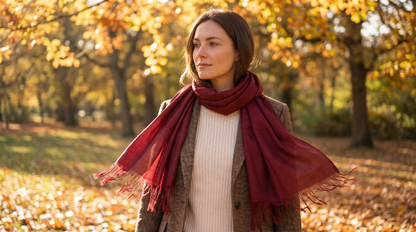 Sabra Silk Scarf – Handwoven Moroccan Shawl with Fringe – Lightweight Luxury Wrap – Burgundy Red – 180x60 cm