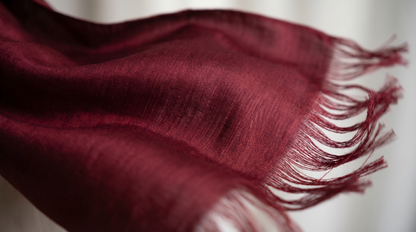 Sabra Silk Scarf – Handwoven Moroccan Shawl with Fringe – Lightweight Luxury Wrap – Burgundy Red – 180x60 cm