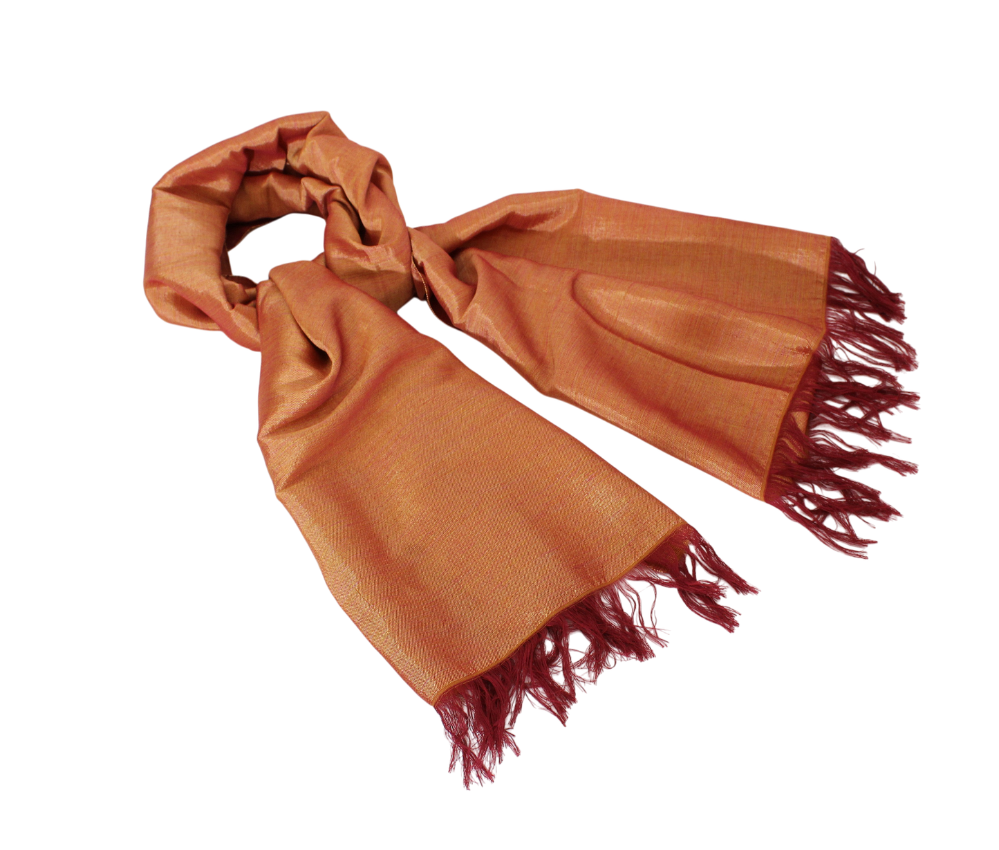 Sabra Silk Scarf – Handwoven Moroccan Shawl with Fringe – Lightweight Luxury Wrap – Coral Gold – 180x60 cm
