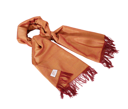 Sabra Silk Scarf – Handwoven Moroccan Shawl with Fringe – Lightweight Luxury Wrap – Coral Gold – 180x60 cm