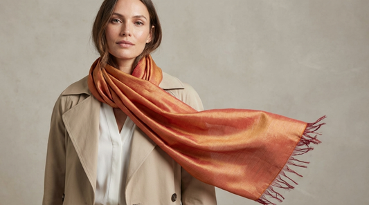 Sabra Silk Scarf – Handwoven Moroccan Shawl with Fringe – Lightweight Luxury Wrap – Coral Gold – 180x60 cm