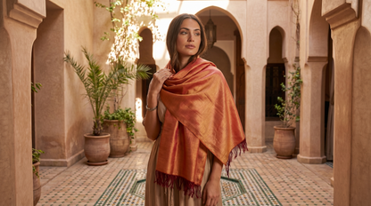 Sabra Silk Scarf – Handwoven Moroccan Shawl with Fringe – Lightweight Luxury Wrap – Coral Gold – 180x60 cm
