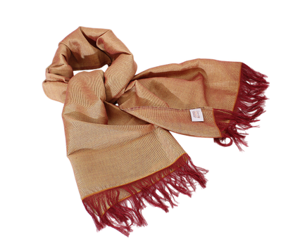 Sabra Silk Scarf – Handwoven Moroccan Shawl with Fringe – Lightweight Luxury Wrap – Gold Burgundy – 180x60 cm