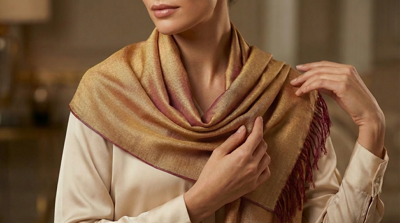 Sabra Silk Scarf – Handwoven Moroccan Shawl with Fringe – Lightweight Luxury Wrap – Gold Burgundy – 180x60 cm
