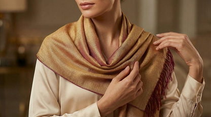 Sabra Silk Scarf – Handwoven Moroccan Shawl with Fringe – Lightweight Luxury Wrap – Gold Burgundy – 180x60 cm