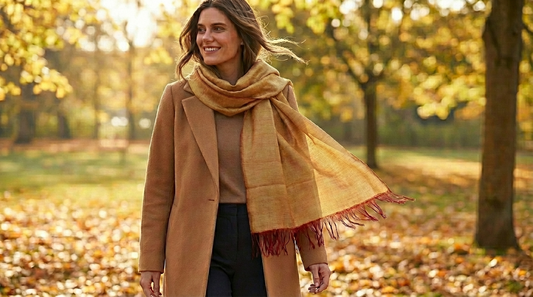 Sabra Silk Scarf – Handwoven Moroccan Shawl with Fringe – Lightweight Luxury Wrap – Gold Burgundy – 180x60 cm