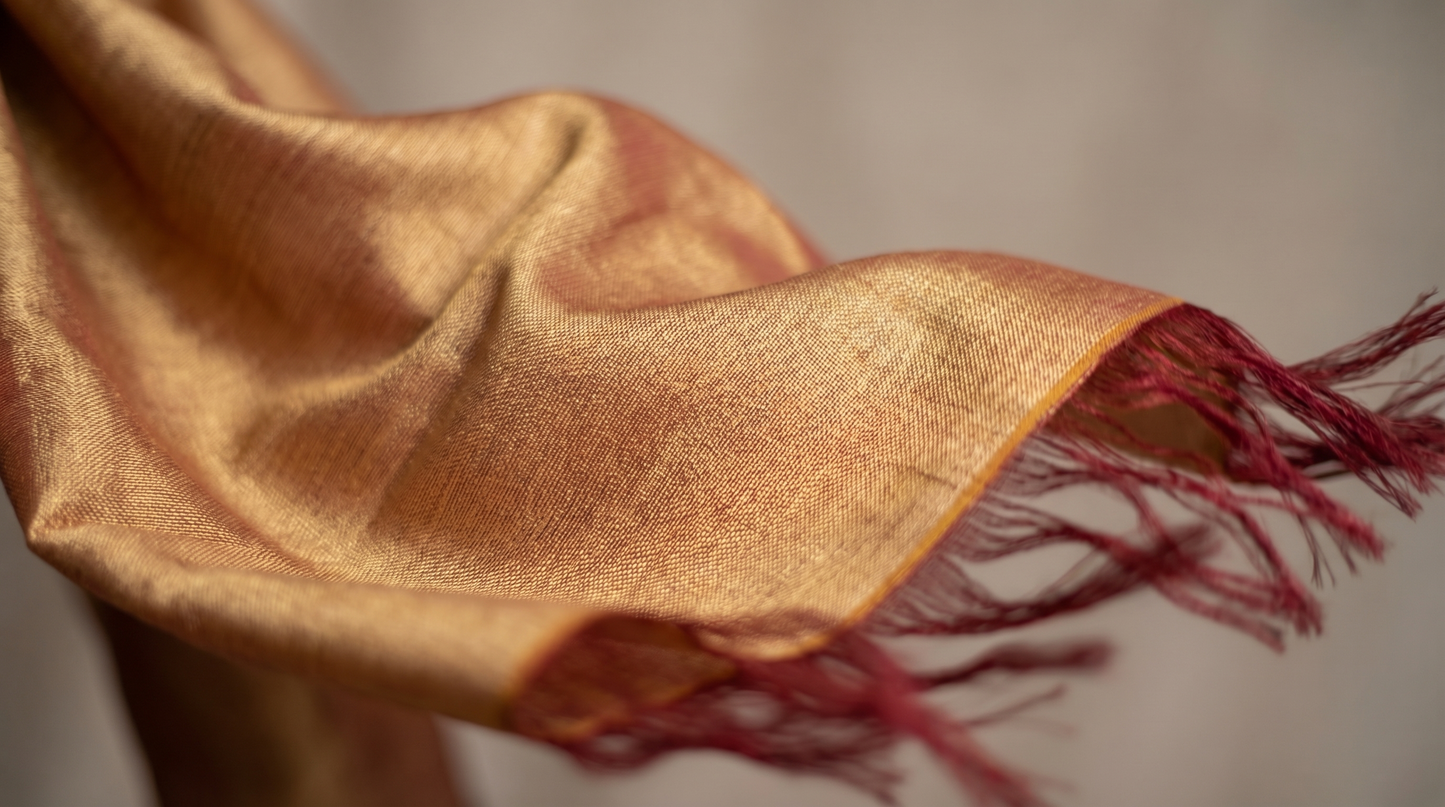 Sabra Silk Scarf – Handwoven Moroccan Shawl with Fringe – Lightweight Luxury Wrap – Gold Burgundy – 180x60 cm