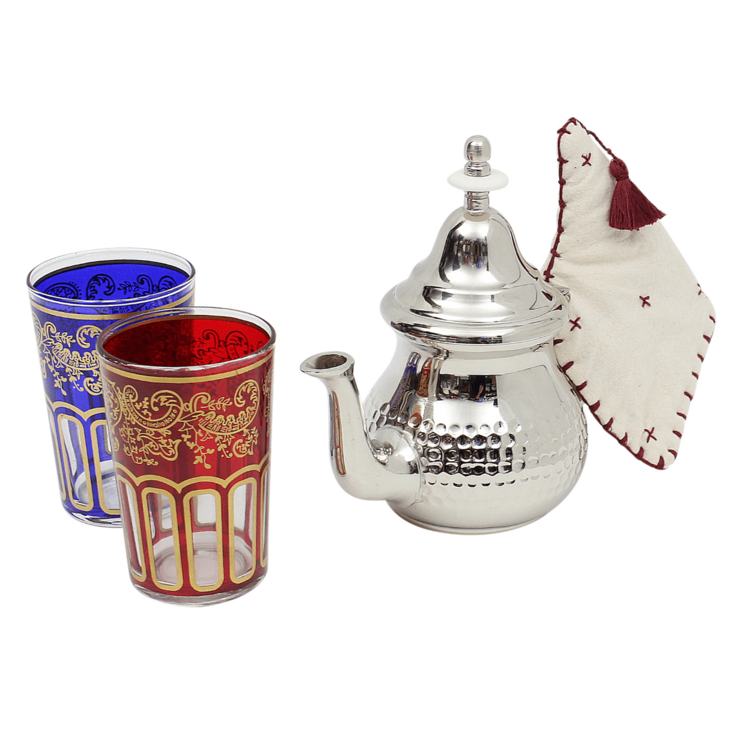 Moroccan Silver Teapot Hammered Small with 2 Tea Glasses and Handle Cover Handmade