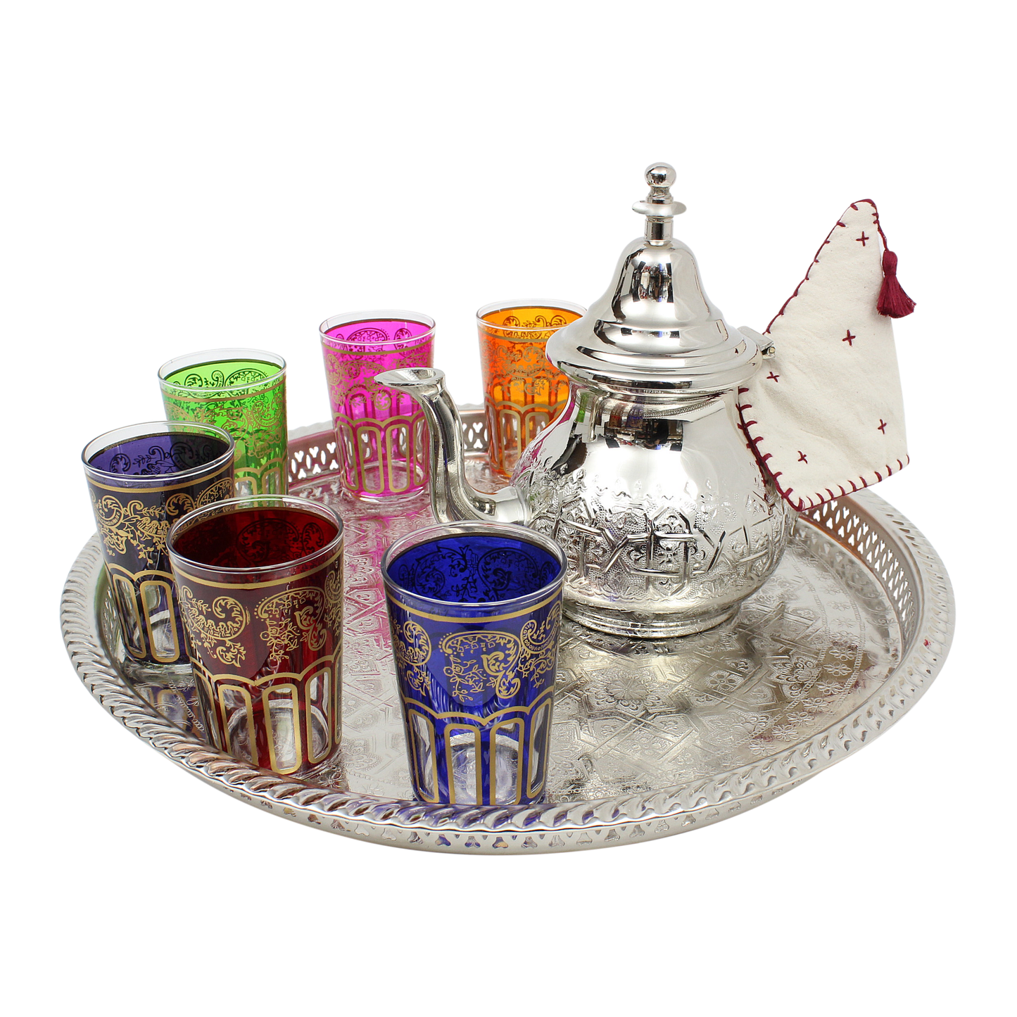 Moroccan Mint Tea Set XL Extra Large: Silver Tray, Extra Large Teapot, 6 Multicoloured Tea Glasses