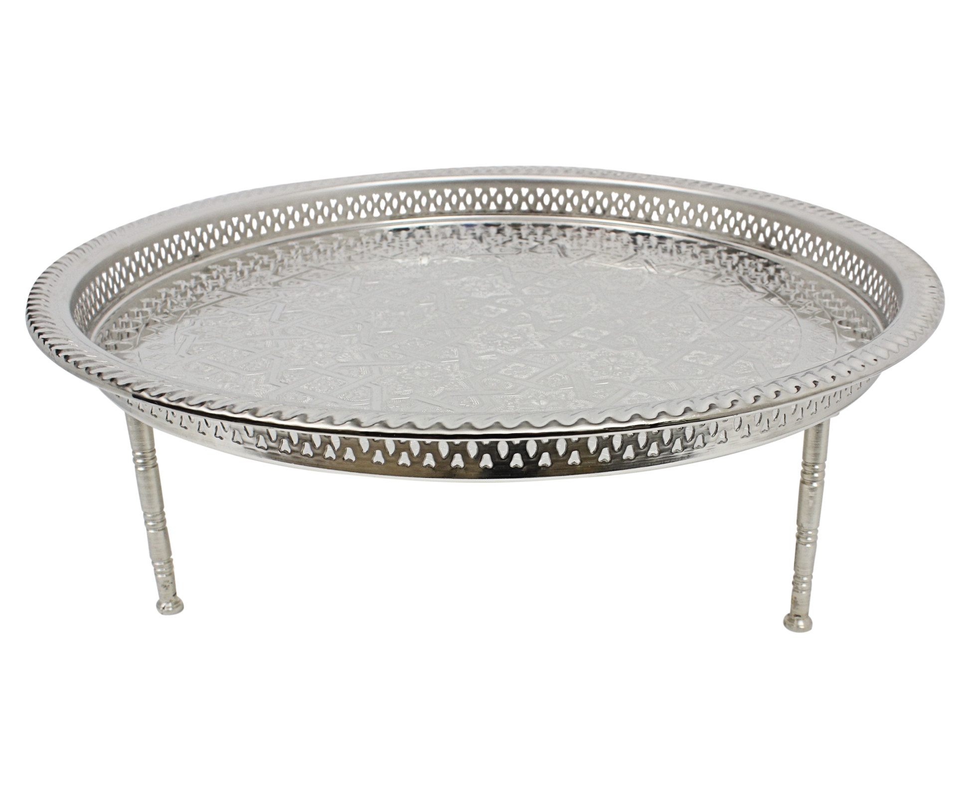 Large Moroccan silver Maillechort serving tray low table with removable legs