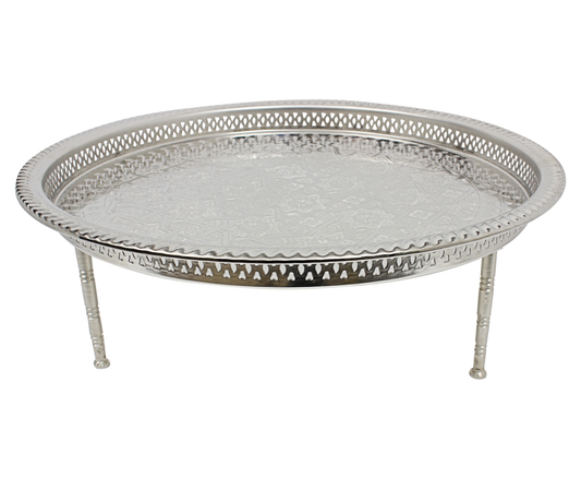 Large Moroccan silver Maillechort serving tray low table with removable legs