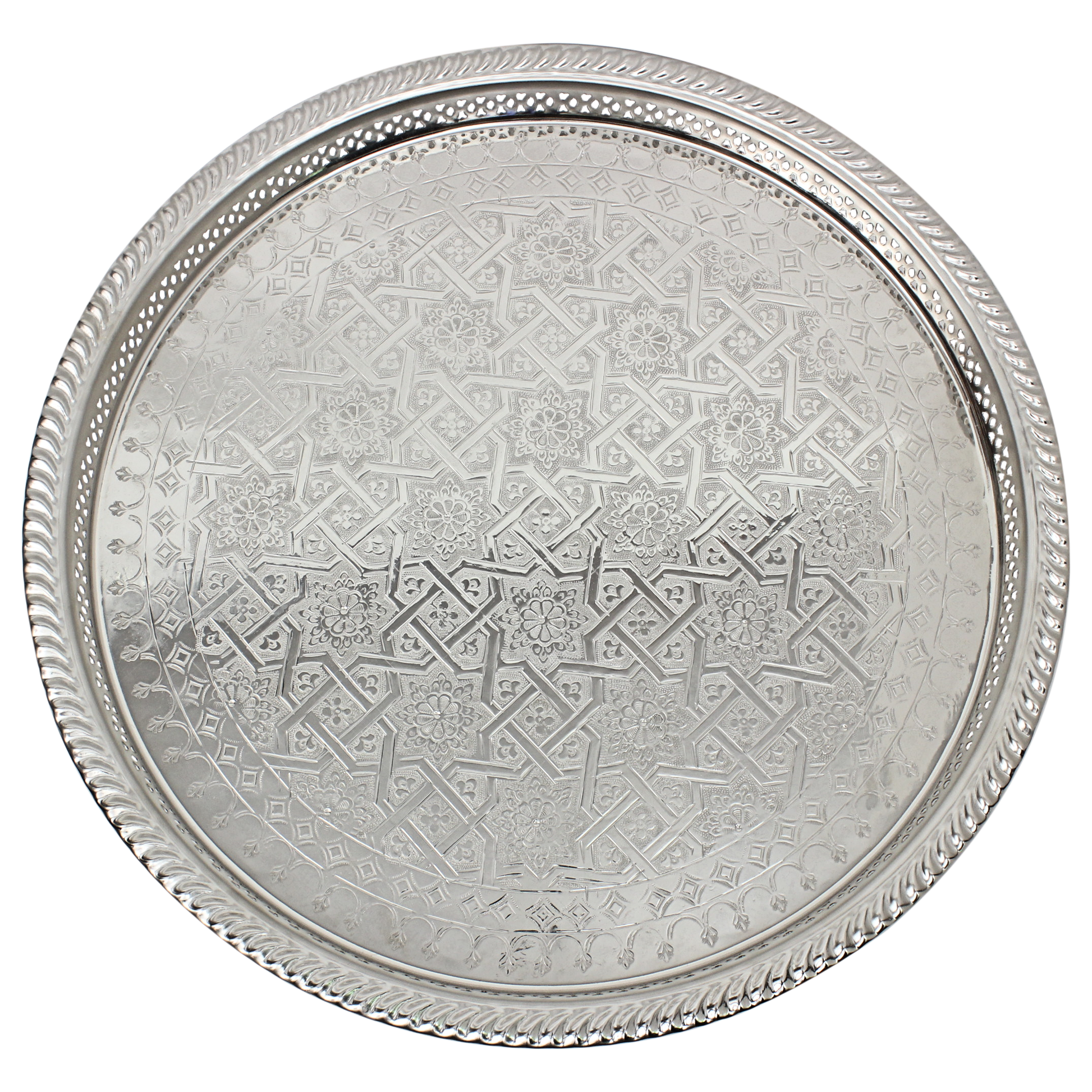 Top view of hand engraved Moroccan silver Maillechort tray with geometric and floral design