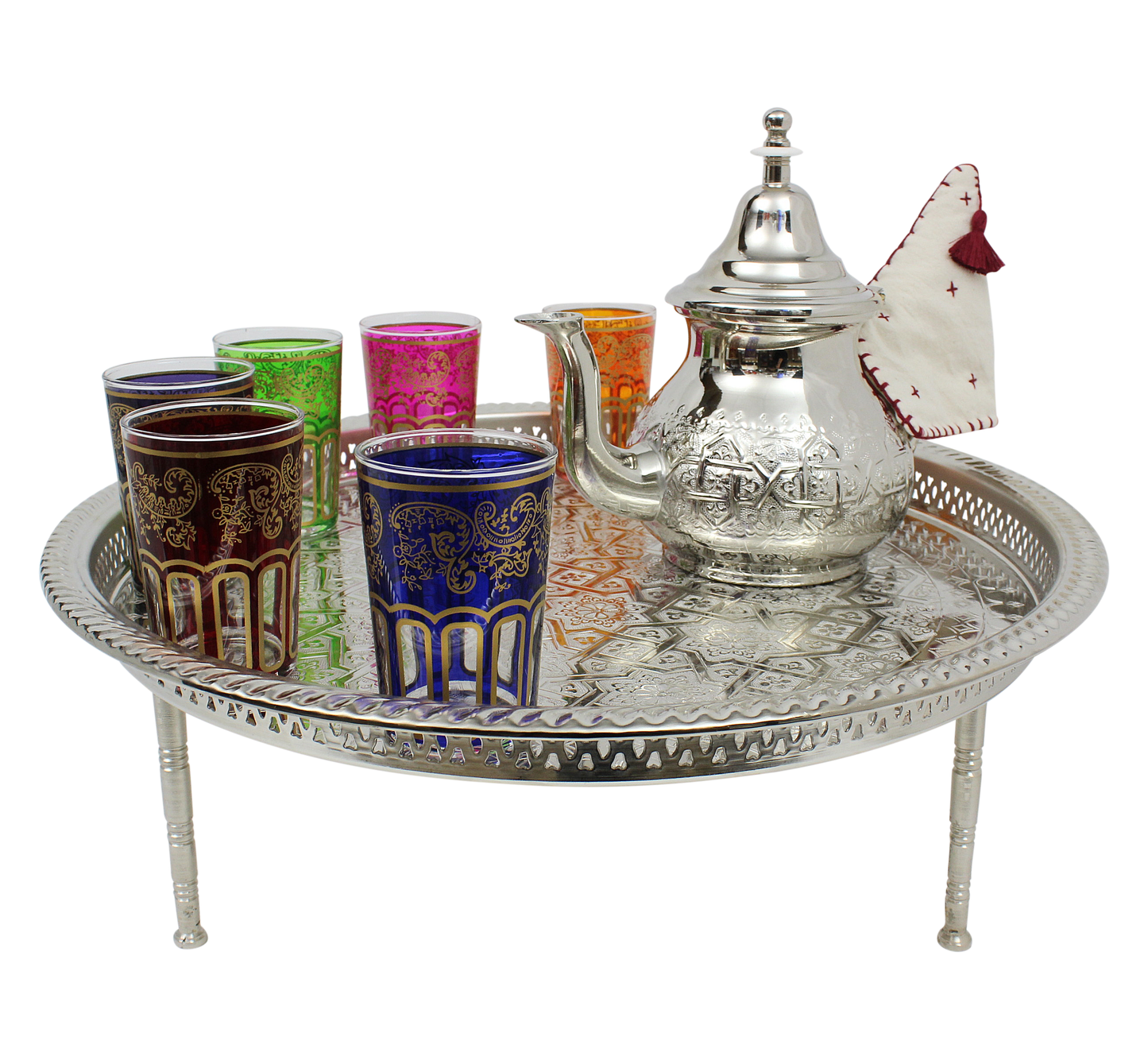 Moroccan silver serving tray low table styled with teapot and colourful tea glasses