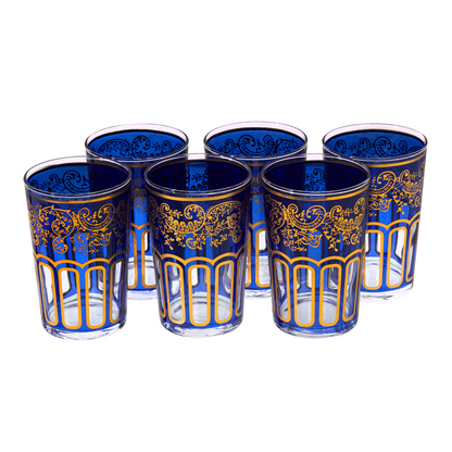 Moroccan Tea Glasses Blue & Gold Beautiful Classical Design Hand Painted Decorated Pack of 6