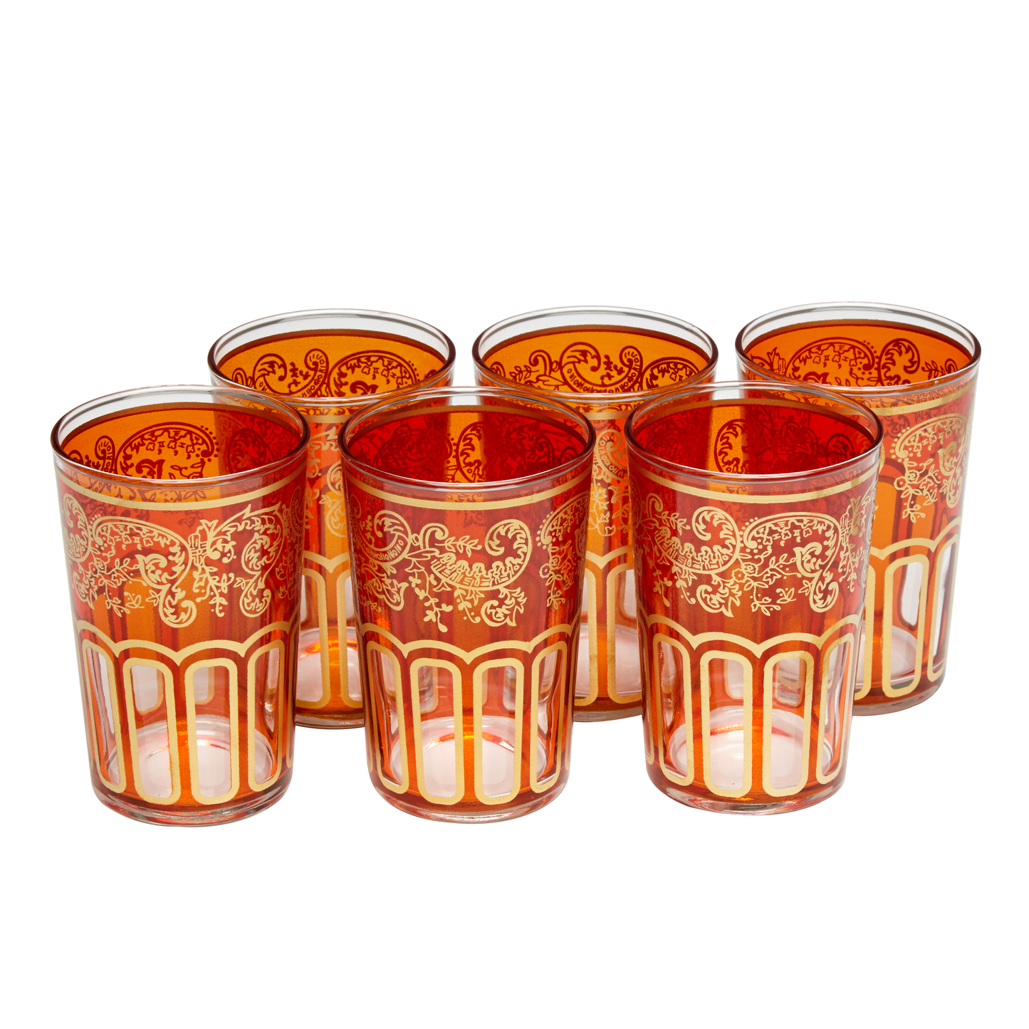 Moroccan Tea Glasses Orange & Gold Beautiful Classical Design Hand Painted Hand Decorated Pack of 6