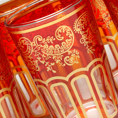 Moroccan Tea Glasses Orange & Gold Beautiful Classical Design Hand Painted Hand Decorated Pack of 6