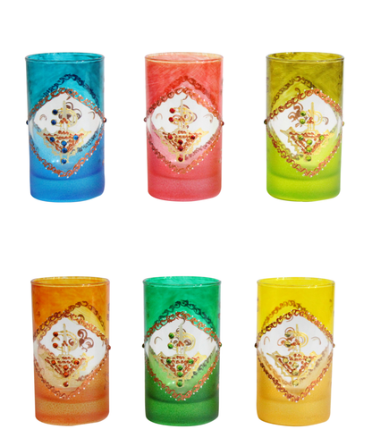 Moroccan Tea glasses Multicoloured Gold Hand Decorated Hand Painted with an Embossed Berber Fibula Design with beads Set of 6 (Ref. TG1)