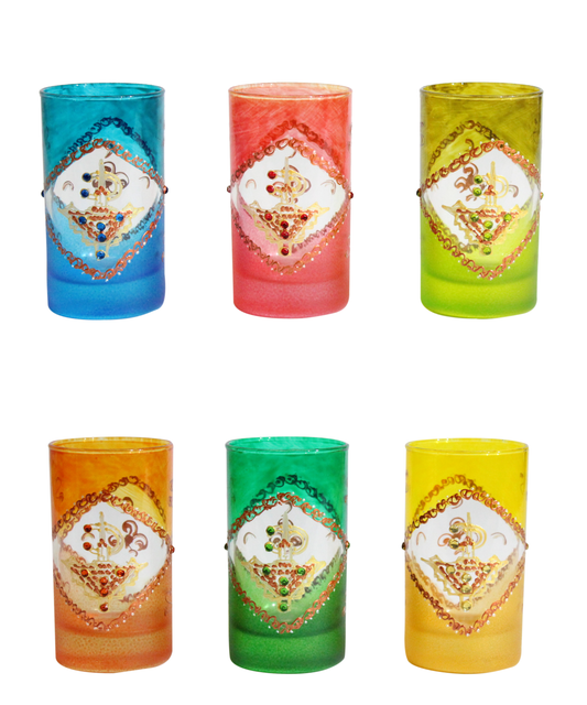 Moroccan Tea glasses Multicoloured Gold Hand Decorated Hand Painted with an Embossed Berber Fibula Design with beads Set of 6 (Ref. TG1)