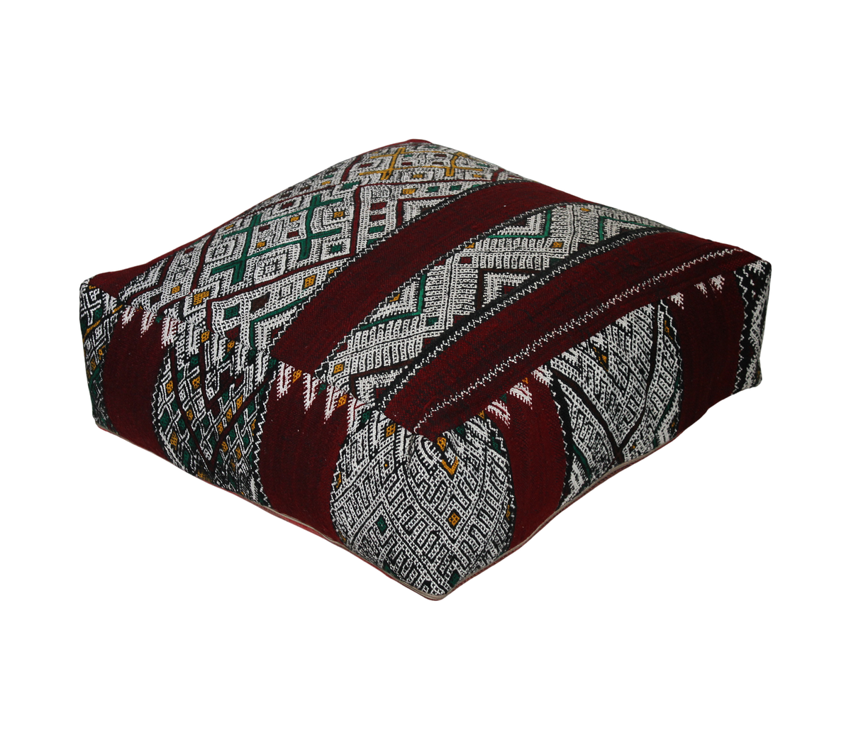 Front view of vintage Moroccan kilim pouf deep red tribal 60x60 cm 