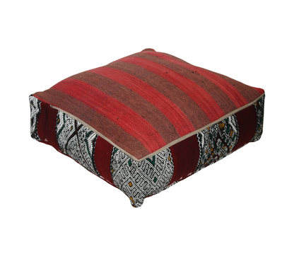 Back view of vintage Moroccan kilim pouf deep red tribal with zipper closure 