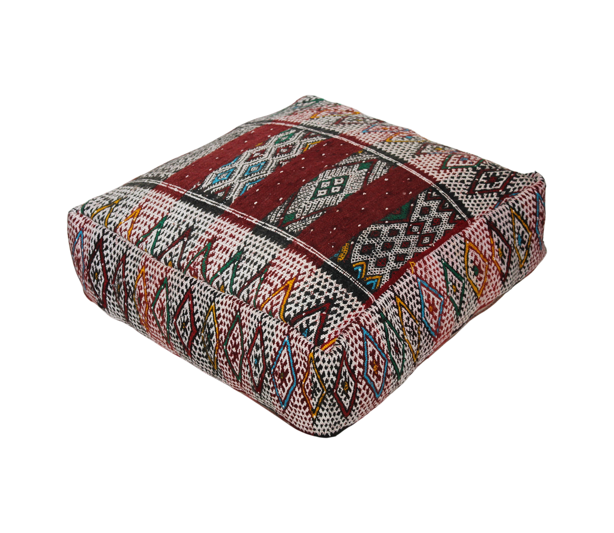 Front view of vintage Moroccan kilim pouf Deep Red Tribal  60x60 cm 