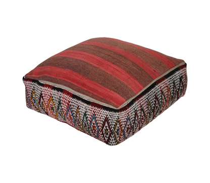 Back view of vintage Moroccan kilim pouf deep red tribal with zipper closure 
