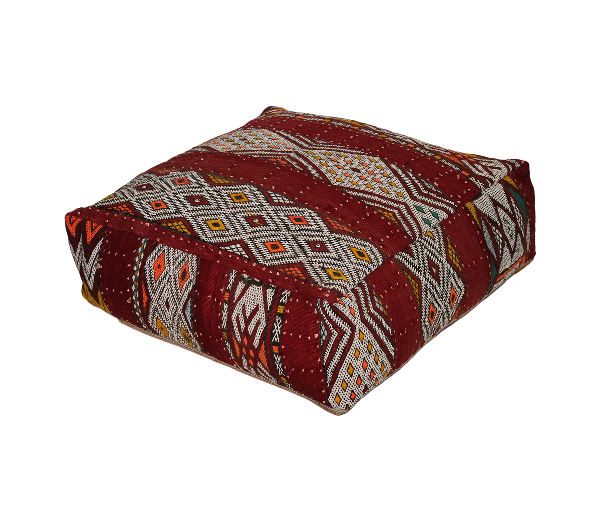 Front view of vintage Moroccan tribal red kilim pouf cover 60x60 cm