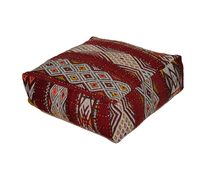 Front view of vintage Moroccan tribal red kilim pouf cover 60x60 cm