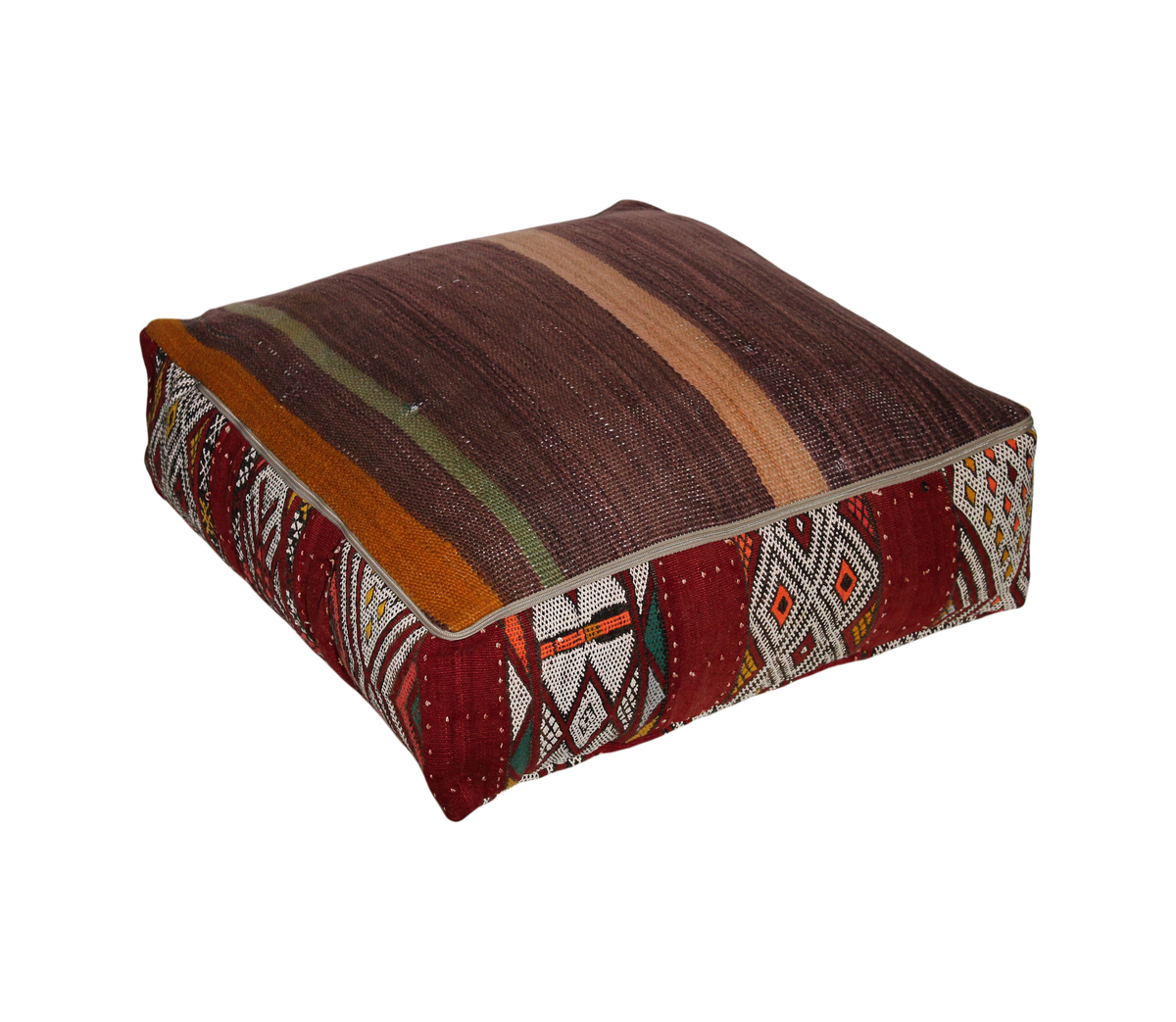 Back view of vintage Moroccan tribal red kilim pouf cover 60x60 cm