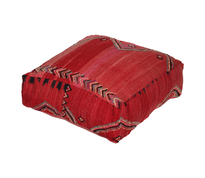 Front view of vintage Moroccan red kilim pouf cover 60x60 cm 