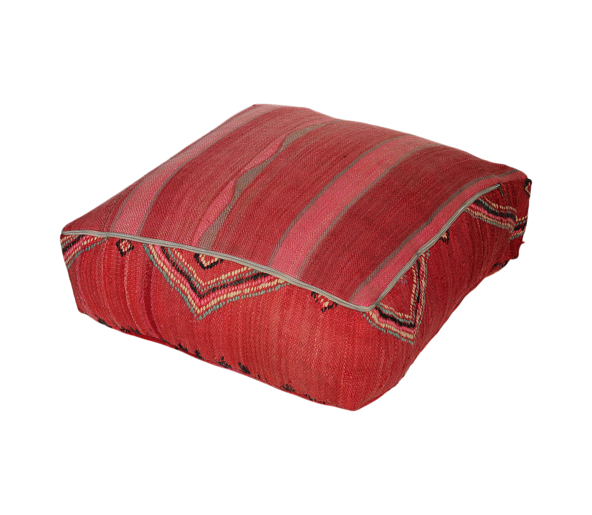 Back view of vintage Moroccan red  kilim pouf cover with zipper closure