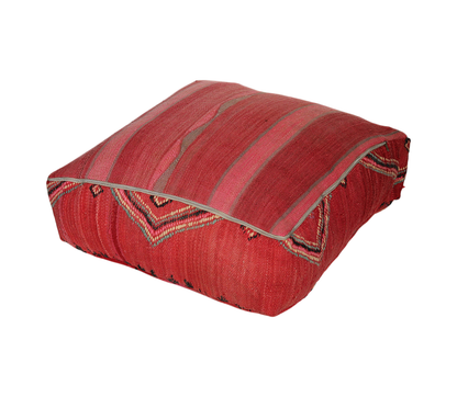 Back view of vintage Moroccan red  kilim pouf cover with zipper closure