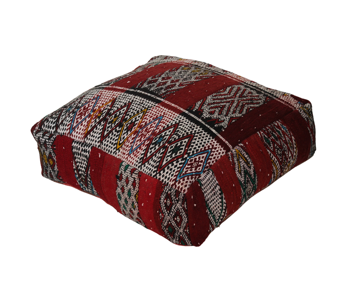 Front view of vintage Moroccan kilim pouf deep red tribal  60x60 cm 