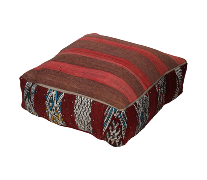 Back view of vintage Moroccan kilim pouf deep red tribal with zipper closure 