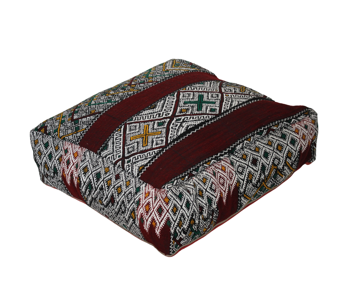 Front view of vintage Moroccan kilim pouf burgundy multi 60x60 cm 