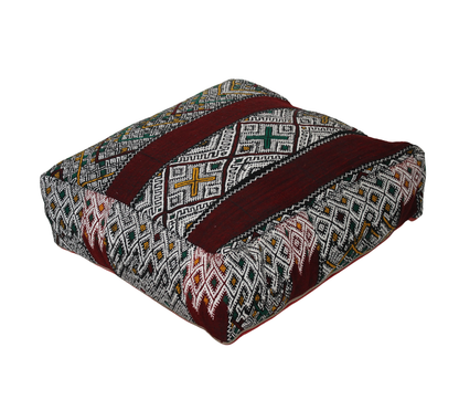 Front view of vintage Moroccan kilim pouf burgundy multi 60x60 cm 